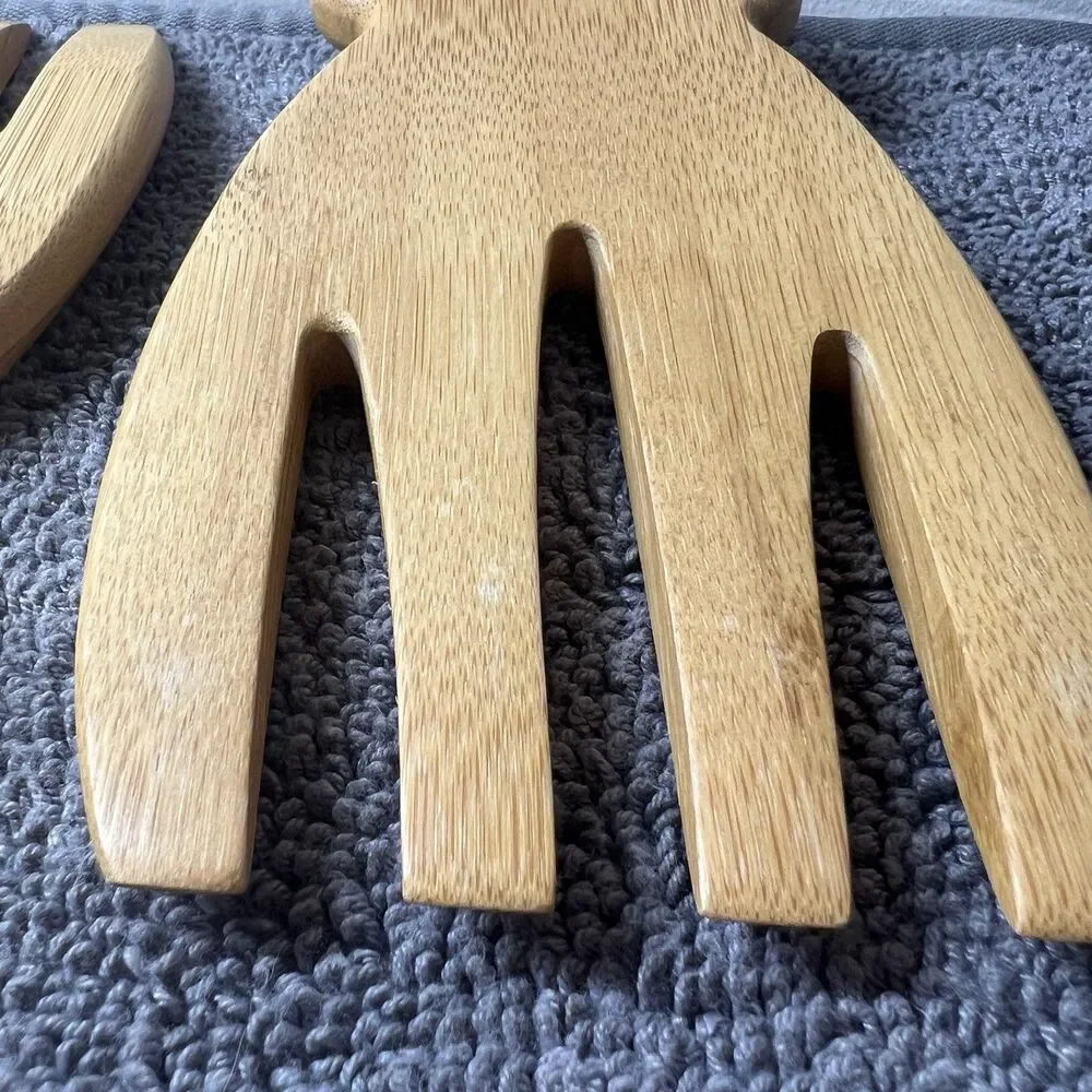 Totally Bamboo Salad Hands Set 2pc Moso Wood Servers Tongs with Thumb Grip Hook